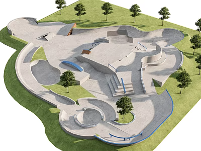Skate Park Landscape Featuring Concrete Ramps Steps Green Lawn And Trees 3d model