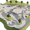 Skate Park Landscape Featuring Concrete Ramps Steps Green Lawn And Trees