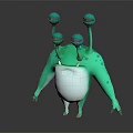 Green 3D Cartoon Creature With Multiple Eyes White Belly And Glossy Four Limbs Digital Art