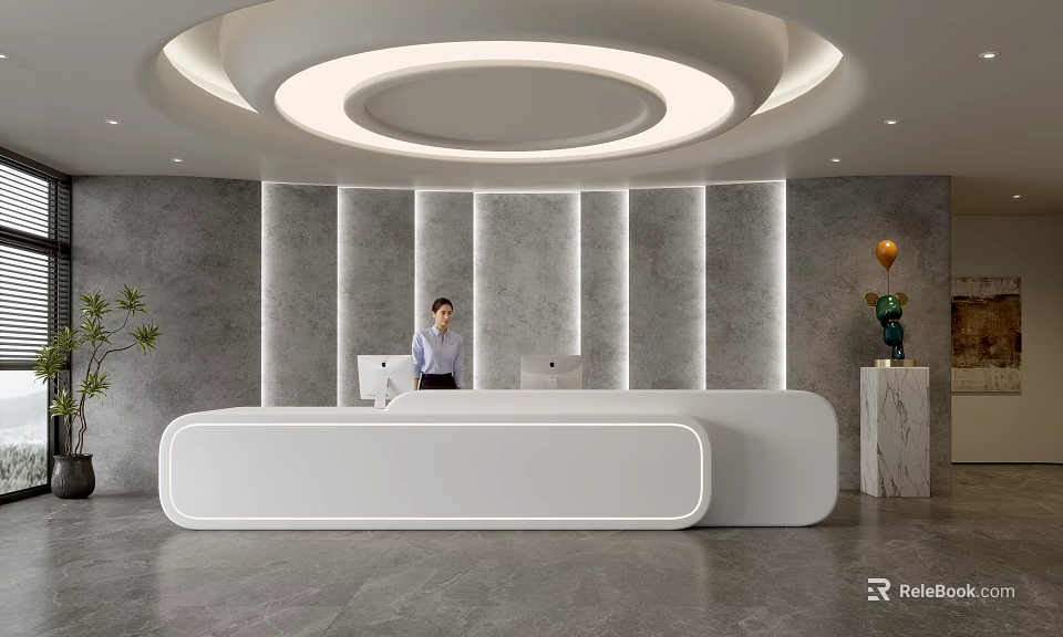 Modern Front Desk Reception With White Desk Gray Wall Circular Ceiling Light And Green Plant 3d model 