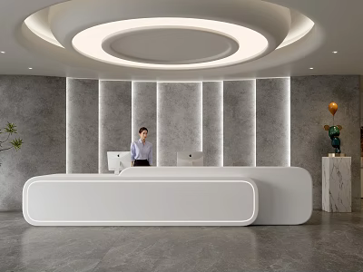 Modern Front Desk Reception With White Desk Gray Wall Circular Ceiling Light And Green Plant 3d model
