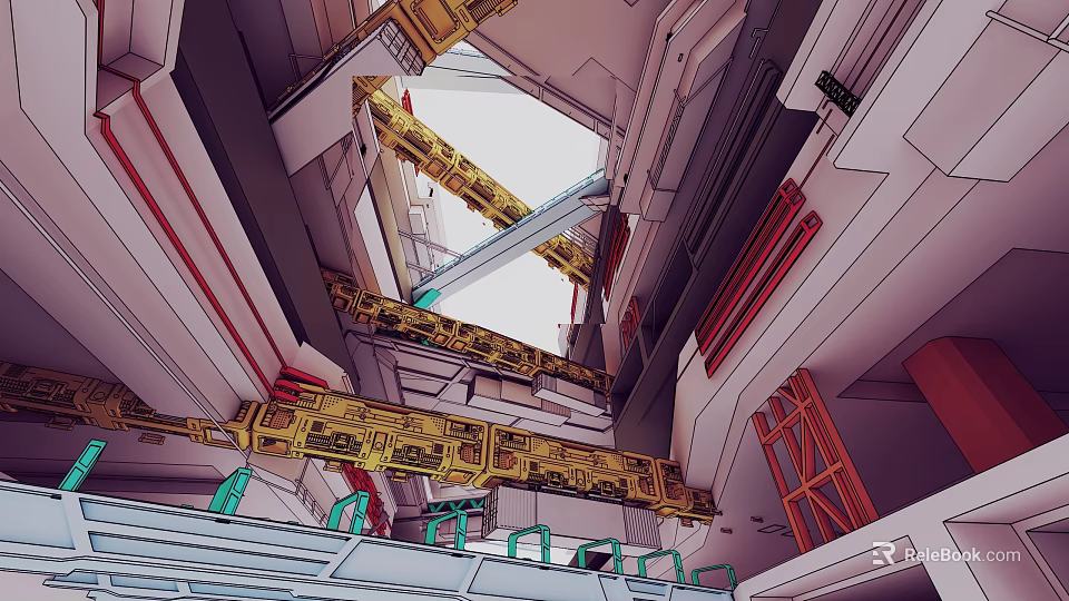 Industrial Architectural Interior With Yellow Metal Frames Red White Walls And Green Railings Complex Design 3d model 