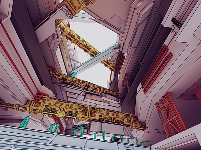 Industrial Architectural Interior With Yellow Metal Frames Red White Walls And Green Railings Complex Design 3d model