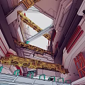 Industrial Architectural Interior With Yellow Metal Frames Red White Walls And Green Railings Complex Design