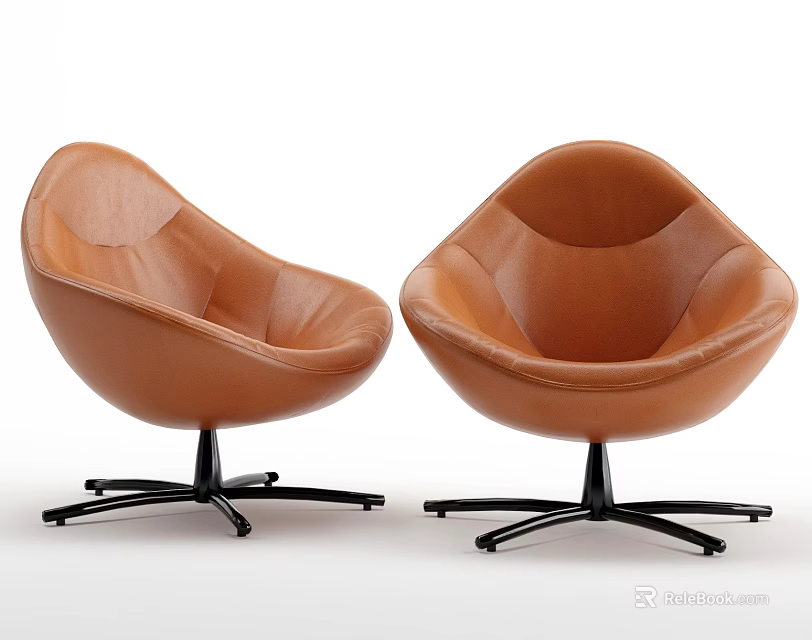 Pair of Brown Leather Accent Chairs with Curved Design and Black Metal Swivel Base 3d model 