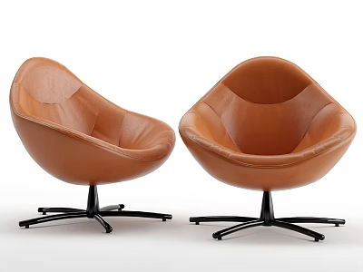 Pair of Brown Leather Accent Chairs with Curved Design and Black Metal Swivel Base 3d model