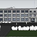 Modern White Office Building With Multiple Windows Parking Lot Green Lawn And Pedestrians
