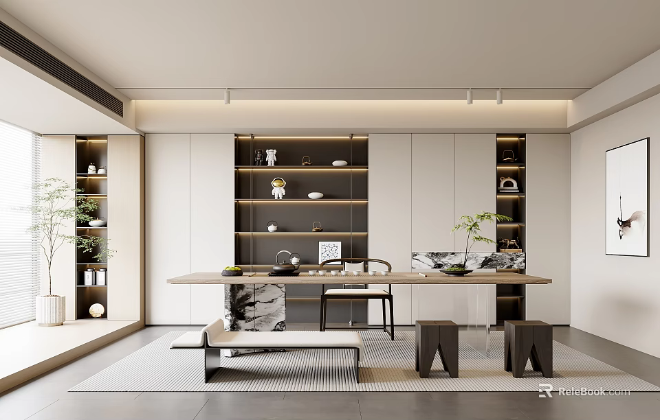 Modern Tea Room Interior Design With Open Layout Tea Table Decorative Shelves And Plants 3d model 