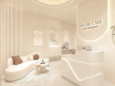 Modern Luxury Cream Tone Beauty Salon Reception Area With Cozy Seats And Elegant Lighting 3d model