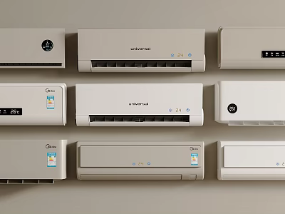 White Wall Mounted Air Conditioner Fans Of Various Brands Arranged On Wall 3d model