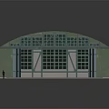 Green Industrial Building Structure With Arched Rusted Roof And Large Windows Supporting Columns