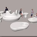 Modern White Curved Public Chairs With Small Round Tables And People Sitting