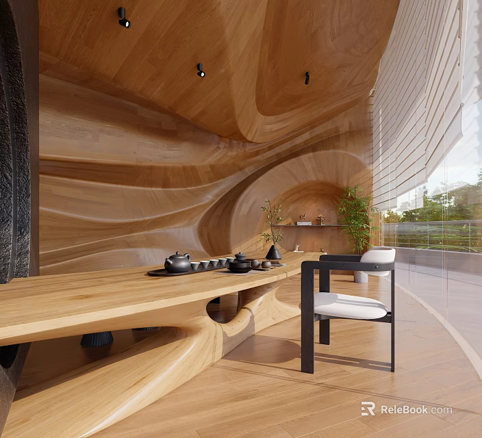 Modern Teahouse With Curved Wooden Interior And Tea Set 3d model 