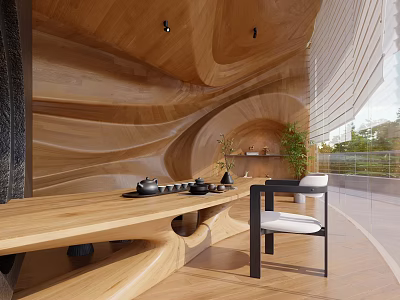 Modern Teahouse With Curved Wooden Interior And Tea Set 3d model