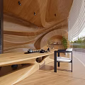 Modern Teahouse With Curved Wooden Interior And Tea Set