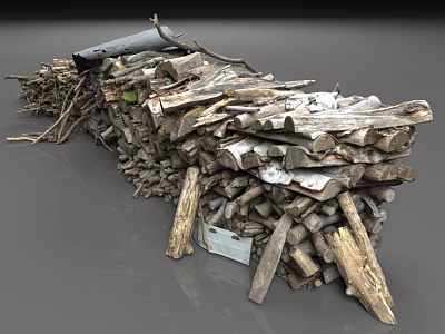 Natural Stones And Wood Pile With Logs Of Various Sizes And Branches 3d model