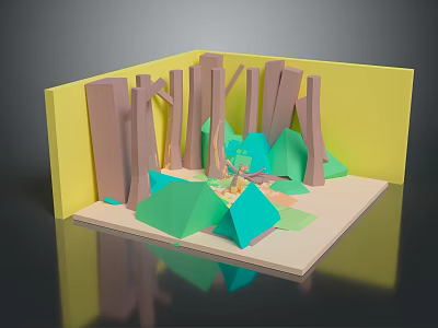 Vibrant Low Poly Cartoon Jungle Scene with Brown Trees Green Plants and Sandy Ground 3d model