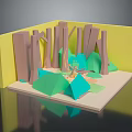 Vibrant Low Poly Cartoon Jungle Scene with Brown Trees Green Plants and Sandy Ground