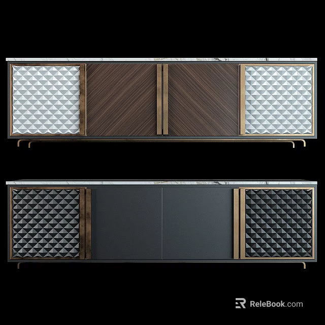 Diamond Patterned Decorative Cabinet with Dark Wood Dark Gray Panels and Golden Trim 3d model 