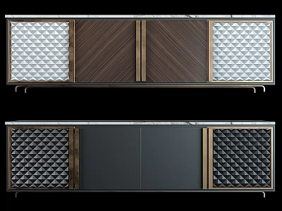 Diamond Patterned Decorative Cabinet with Dark Wood Dark Gray Panels and Golden Trim 3d model