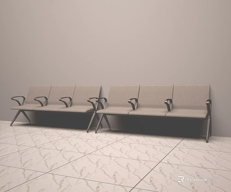 Gray Public Chairs With Metal Armrests Against Wall On Marble Floor 3d model 