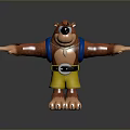 Cartoon Bear With Brown Fur Blue Vest Yellow Shorts Arms Outstretched Standing On Reflective Surface