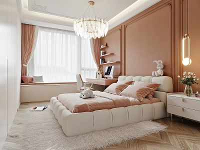 Elegant Modern Bedroom Interior With Peach Walls Crystal Chandelier And Plush Rug 3d model
