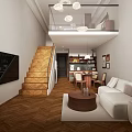 Loft Living Room With Modern Design And Staircase 3d model