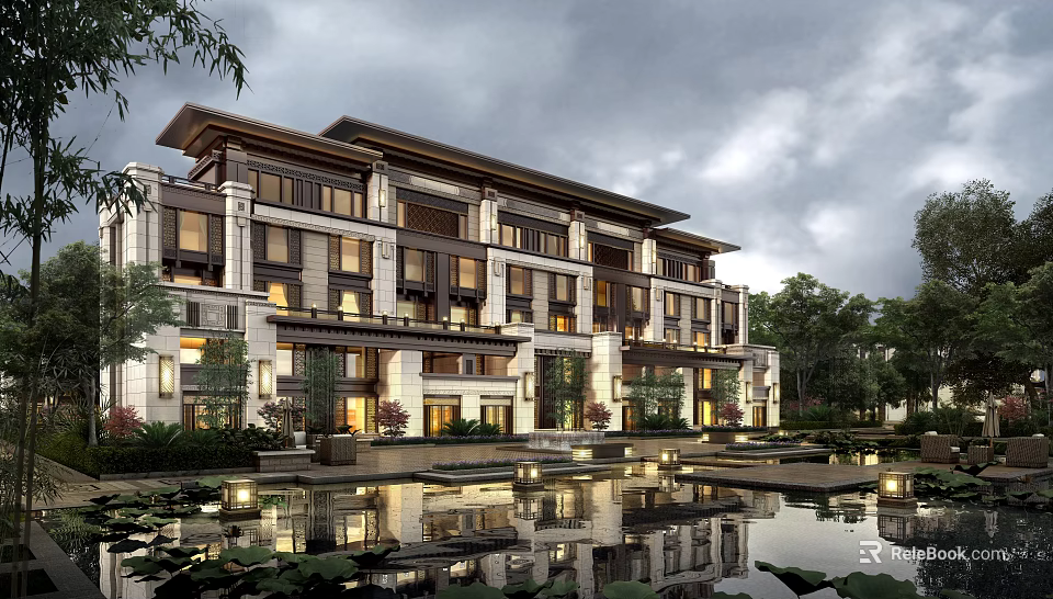 Elegant Contemporary Townhouse Exterior Featuring Spacious Windows Water Pool Reflection And Lush Greenery 3d model 