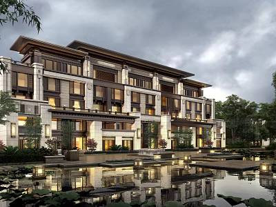 Elegant Contemporary Townhouse Exterior Featuring Spacious Windows Water Pool Reflection And Lush Greenery 3d model
