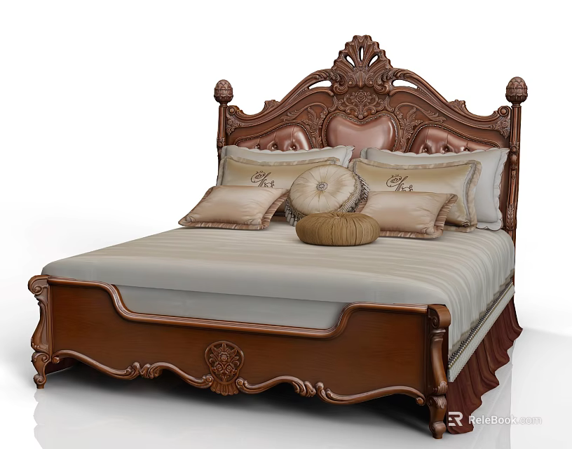 Classic Double Bed With Carved Brown Wooden Headboard And Decorative Pillows 3d model 