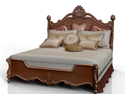 Classic Double Bed With Carved Brown Wooden Headboard And Decorative Pillows 3d model