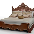 Classic Double Bed With Carved Brown Wooden Headboard And Decorative Pillows