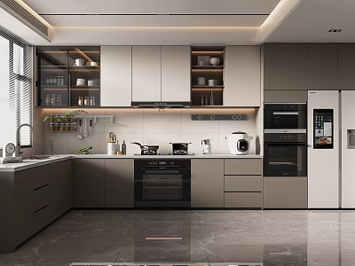 Modern Kitchen Interior With Sleek Gray Cabinets Countertop And Integrated Appliances 3d model