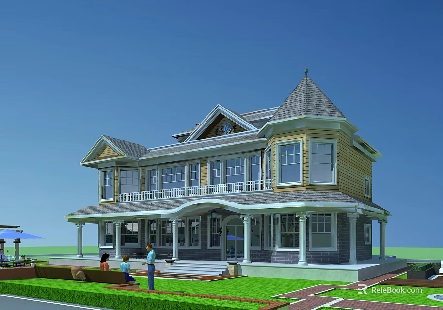 Detached Villa Exterior Design With Gabled Roof Porch Columns Multiple Windows And Green Lawn 3d model 
