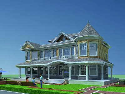 Detached Villa Exterior Design With Gabled Roof Porch Columns Multiple Windows And Green Lawn 3d model