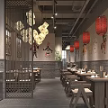 Chinese Restaurant Interior With Red Lanterns Calligraphy Decor Wooden Tables And Open Dining Area