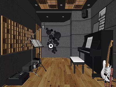 Music Studio Interior Featuring Piano Guitar Acoustic Panels Sheet Music And Wooden Floor 3d model