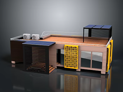 Modern Single Family House With Solar Panels Yellow Lattice And Roof Terrace 3d model