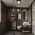 Modern Bathroom Interior With Glass Shower Toilet Vanity Mirror And Storage Shelves