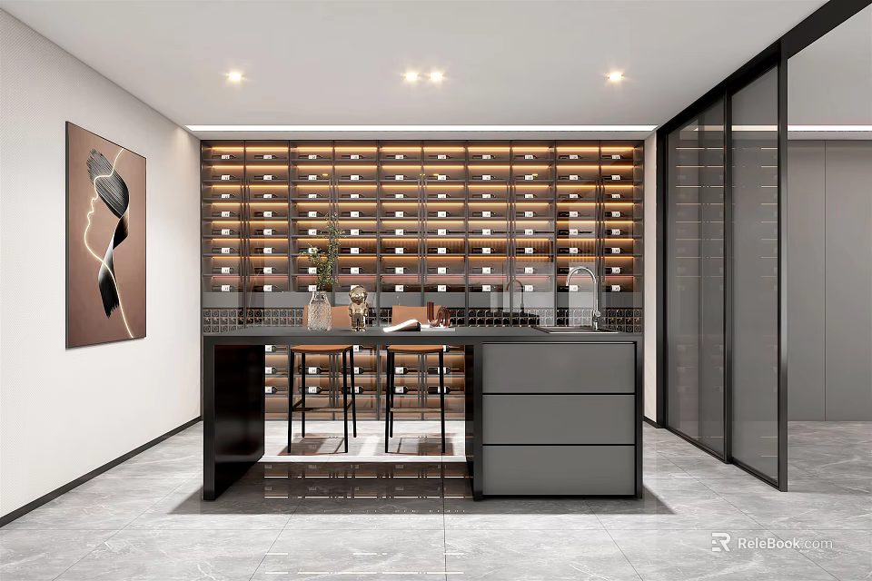 Modern Bar Area With Wine Rack Bar Counter Stools And Decorative Lighting 3d model 