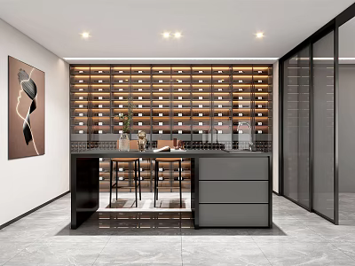 Modern Bar Area With Wine Rack Bar Counter Stools And Decorative Lighting 3d model