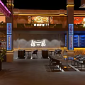 Modern Chinese Restaurant Interior With Neon Lights Wine Bottle Tower Tables Chairs And Green Plants