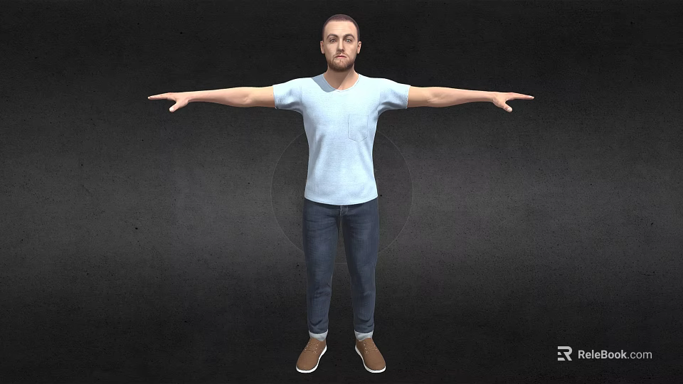 Man in Light Blue T-shirt and Jeans Stretching Arms Against Black Background with Brown Shoes 3d model 
