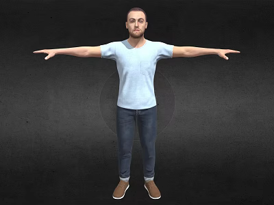 Man in Light Blue T-shirt and Jeans Stretching Arms Against Black Background with Brown Shoes 3d model