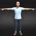 Man in Light Blue T-shirt and Jeans Stretching Arms Against Black Background with Brown Shoes
