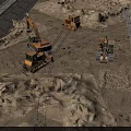 Heavy Construction Machinery Operating On Sandy Worksite With Excavators And Bulldozers