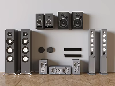 Home Audio System With Various Speakers Including Floor Standing Bookshelf And Wall Mounted Designs 3d model