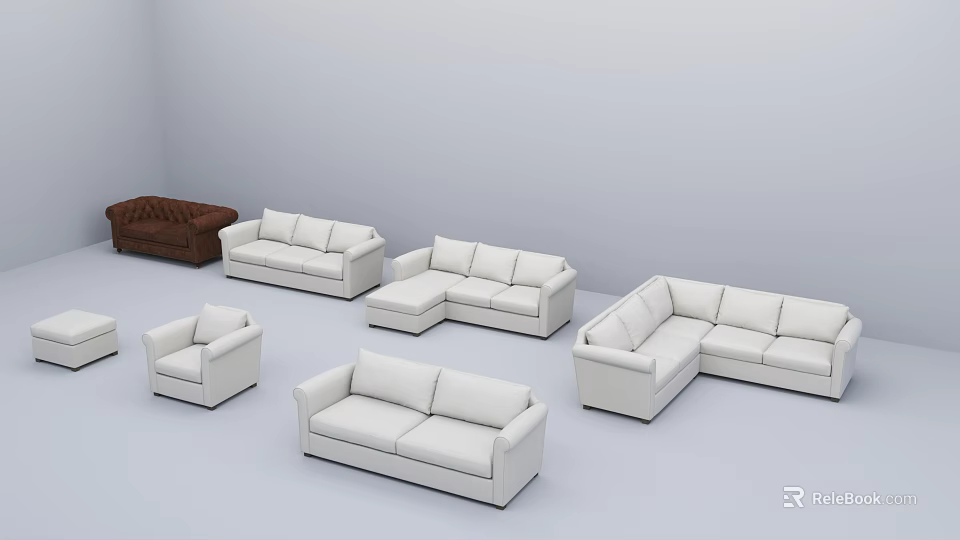 Modern Living Room Sofa Set Featuring White Brown L shaped Two seater Single seater Styles 3d model 