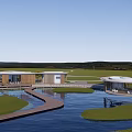 Modern Landscape Pavilions By Waterfront With Wooden Platforms Green Areas And Curved Pathways